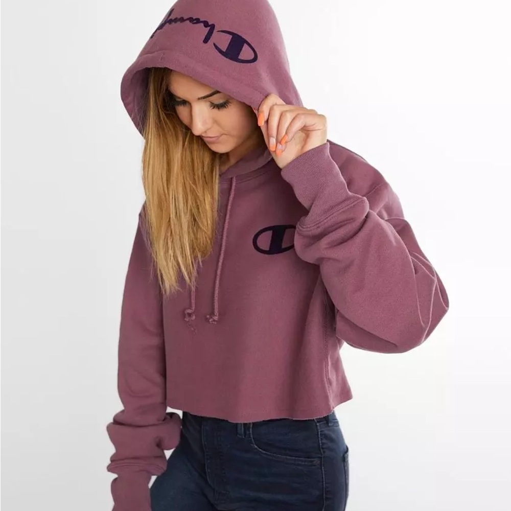 Champion Reverse Weave Hooded Cropped Sweatshirt In Cranberry Mauve